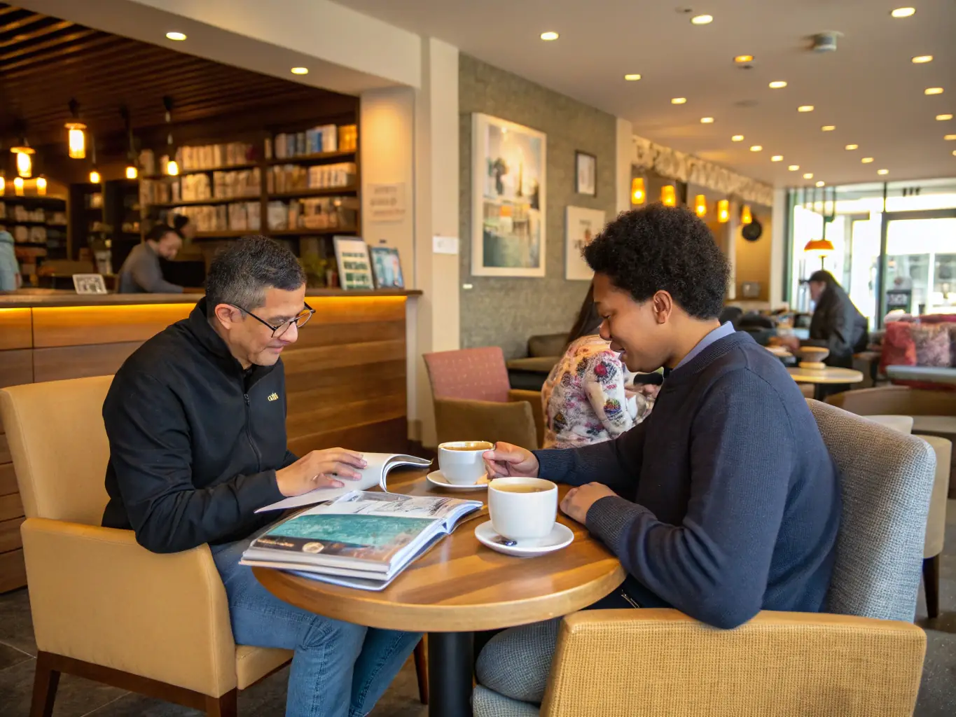A mentor and mentee in a relaxed coffee shop setting, discussing career goals and strategies, with a focus on building a strong professional relationship and providing ongoing support.
