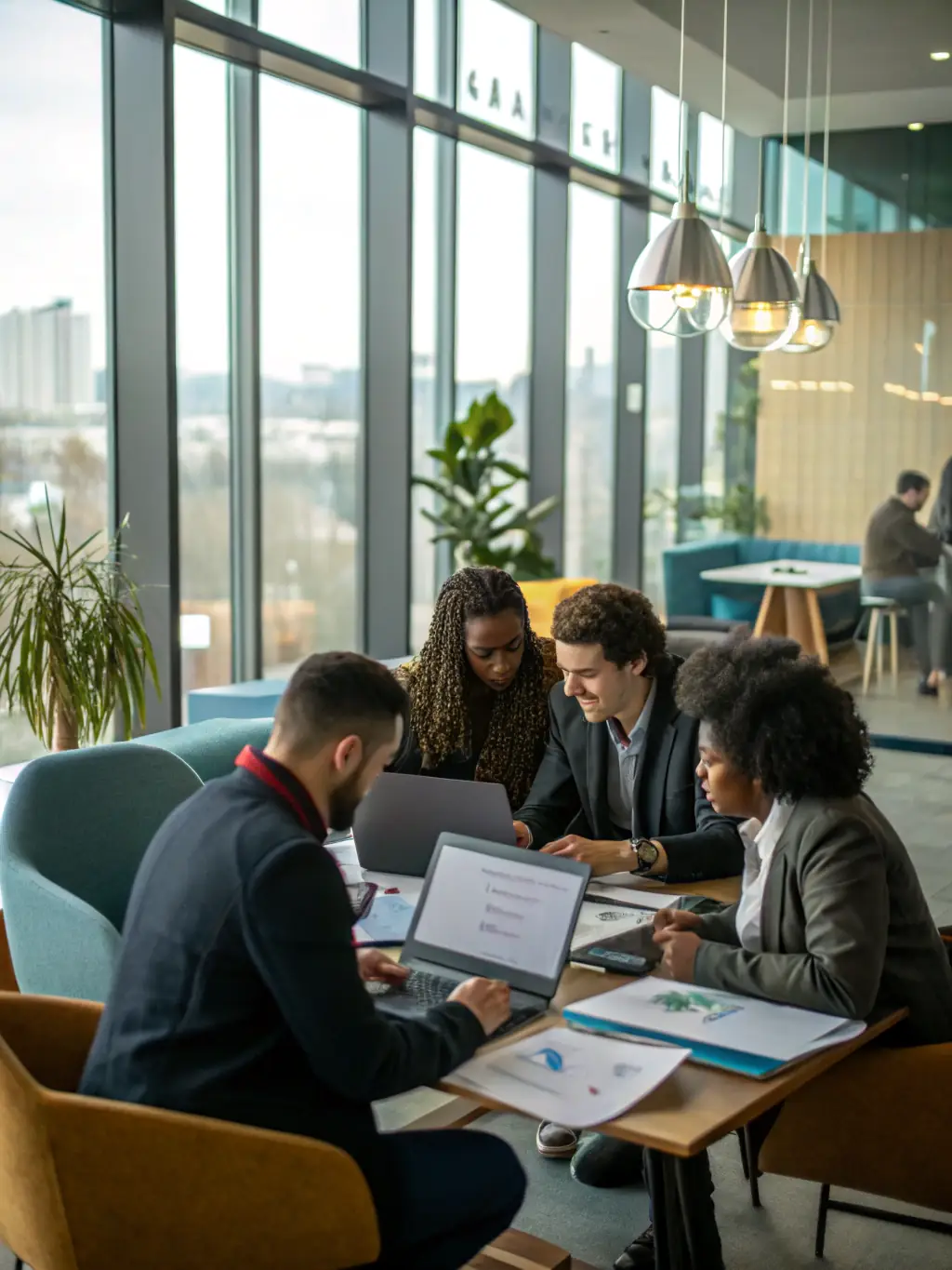 A diverse group of professionals collaborating on a project in a modern office space in London, symbolizing teamwork and innovation.