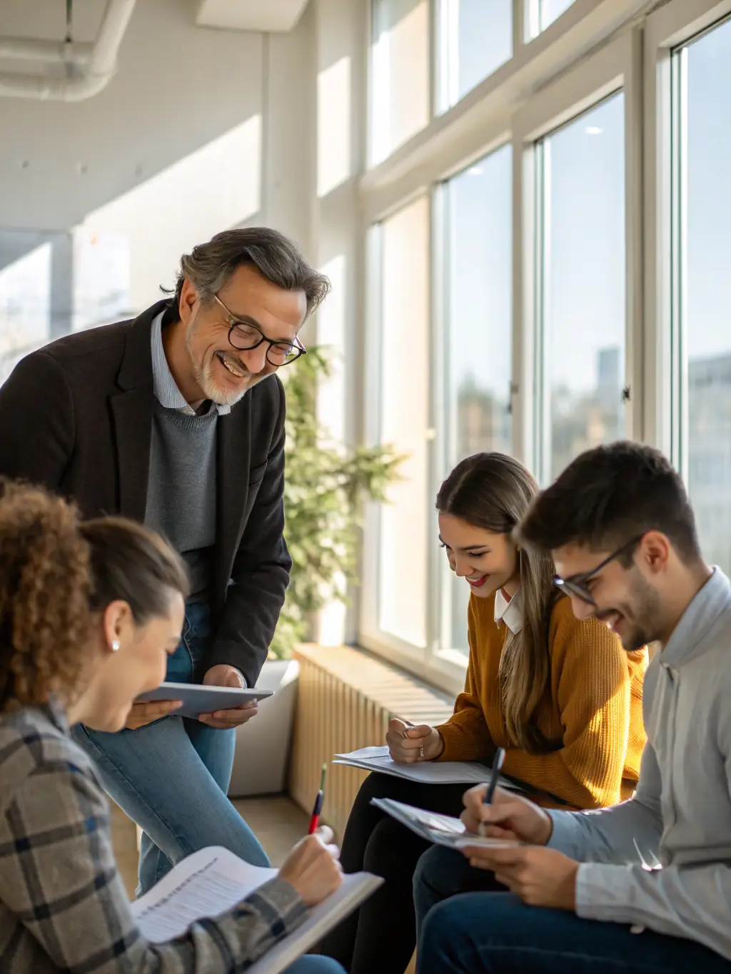 A mentor coaching a group of professionals in a modern office setting, with a focus on teamwork and leadership.