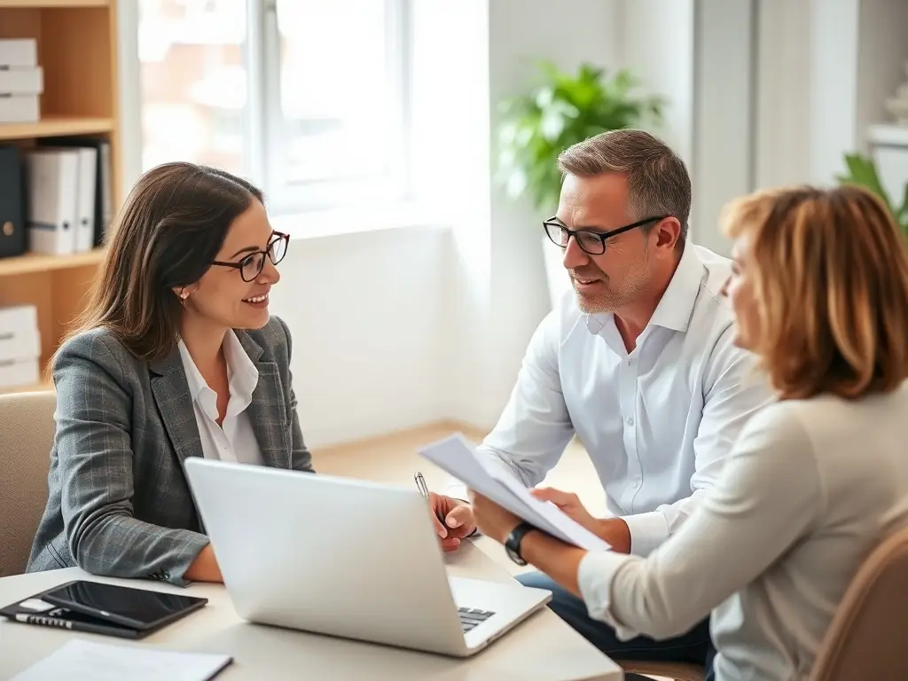 A professional coach in a modern office setting, guiding a client through a career development plan, with a focus on strategic goal setting and skills assessment.