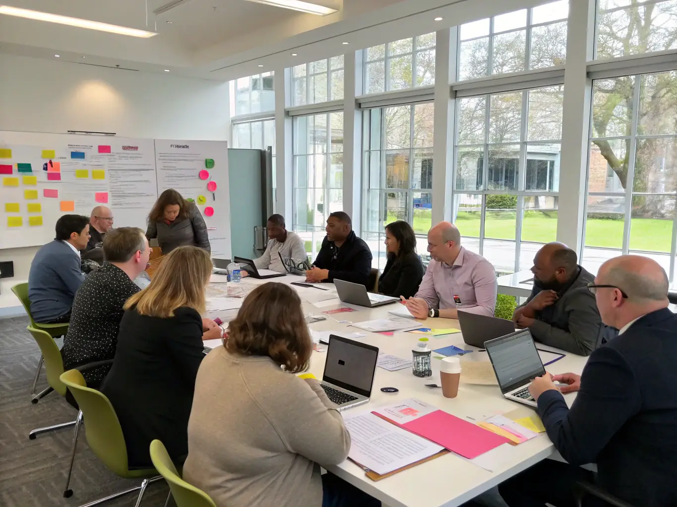 A diverse group of professionals participating in a leadership workshop, engaging in team-building activities and strategic discussions, set against the backdrop of a modern London cityscape.