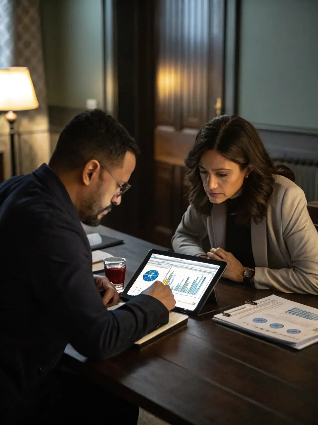 An image of a professional consulting with a mentor, reviewing career plans on a laptop, set against the backdrop of the London skyline.